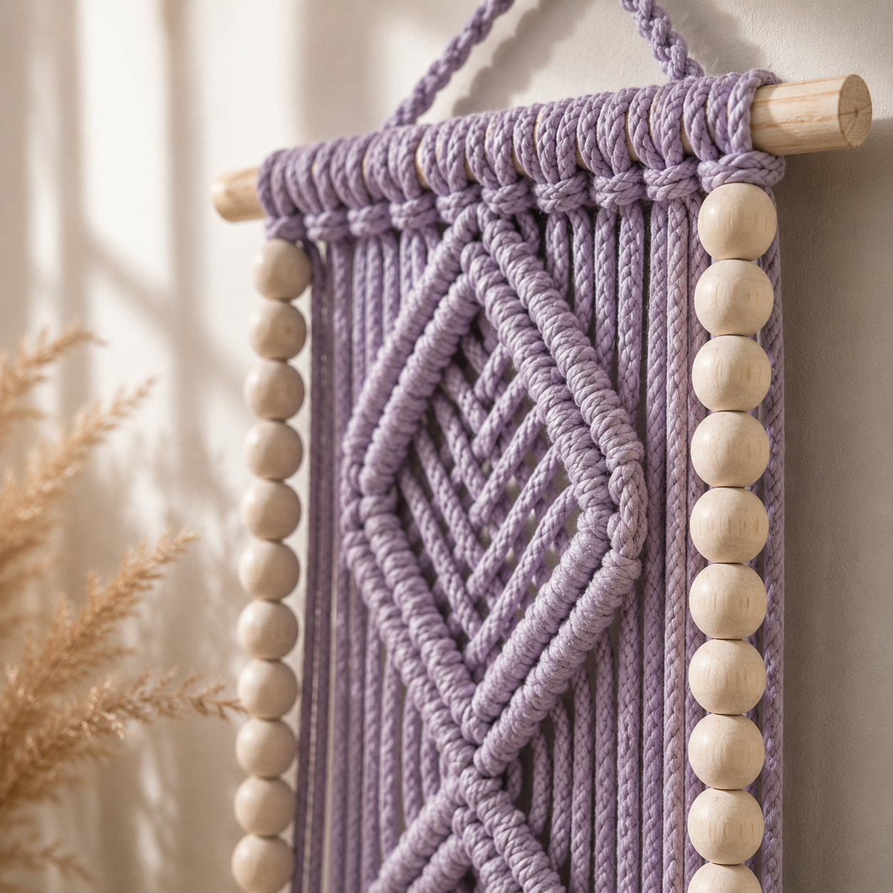 Lavender Macrame Diamond Wall Hanging with Wooden Shelf & Beads