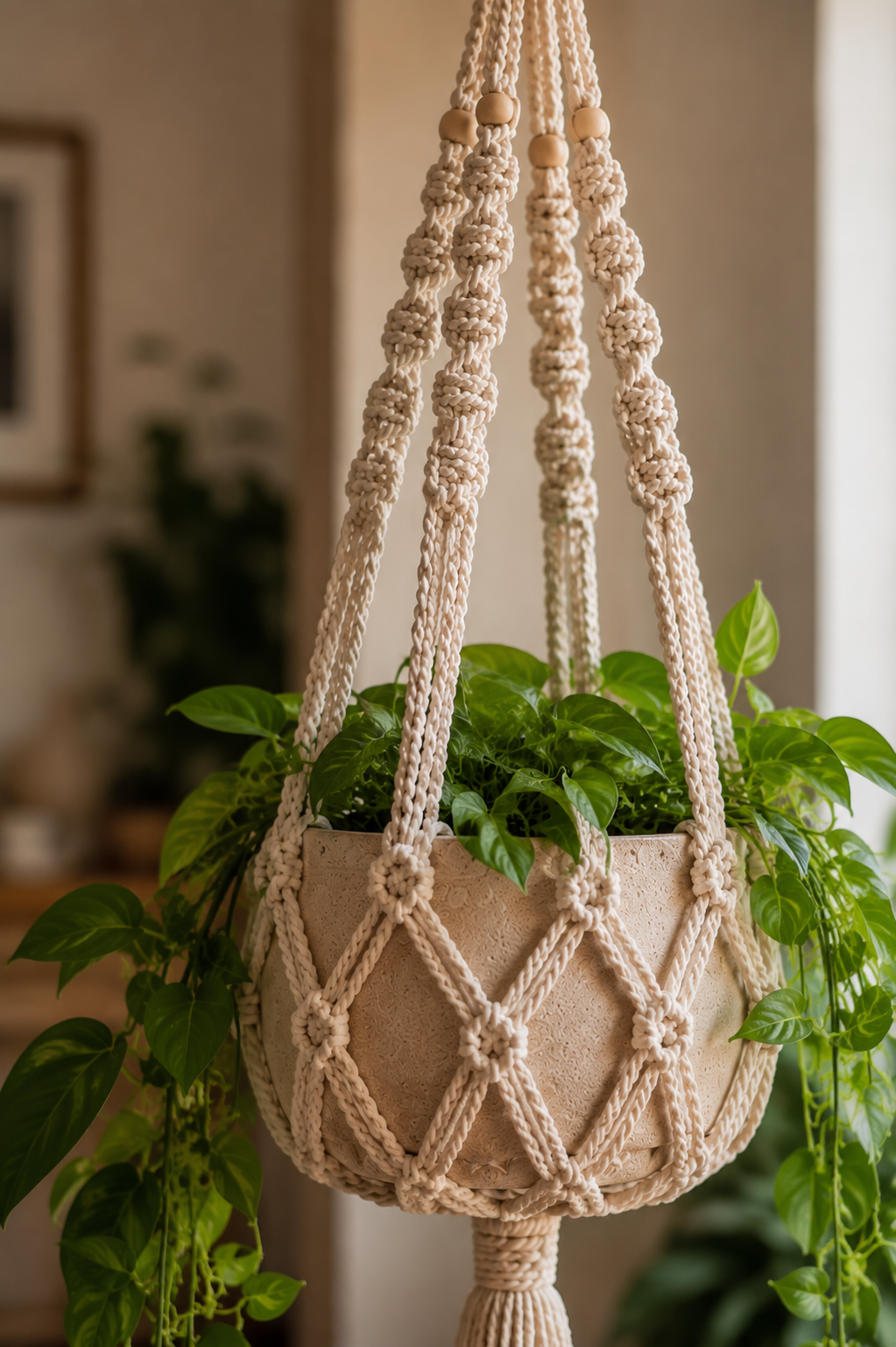 Natural Beige Macrame Plant Hanger with Wooden Beads & Tassel