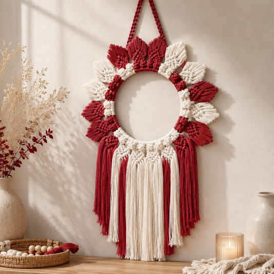 Crimson & Ivory Macrame Wreath Wall Hanging