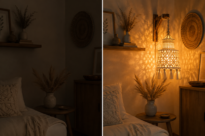 Natural Ivory Macrame Pendant Lamp Shade with Tassel Hem & Wooden Beads