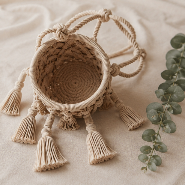 Chunky Weave Macrame Basket Planter - Premium Cotton Rope