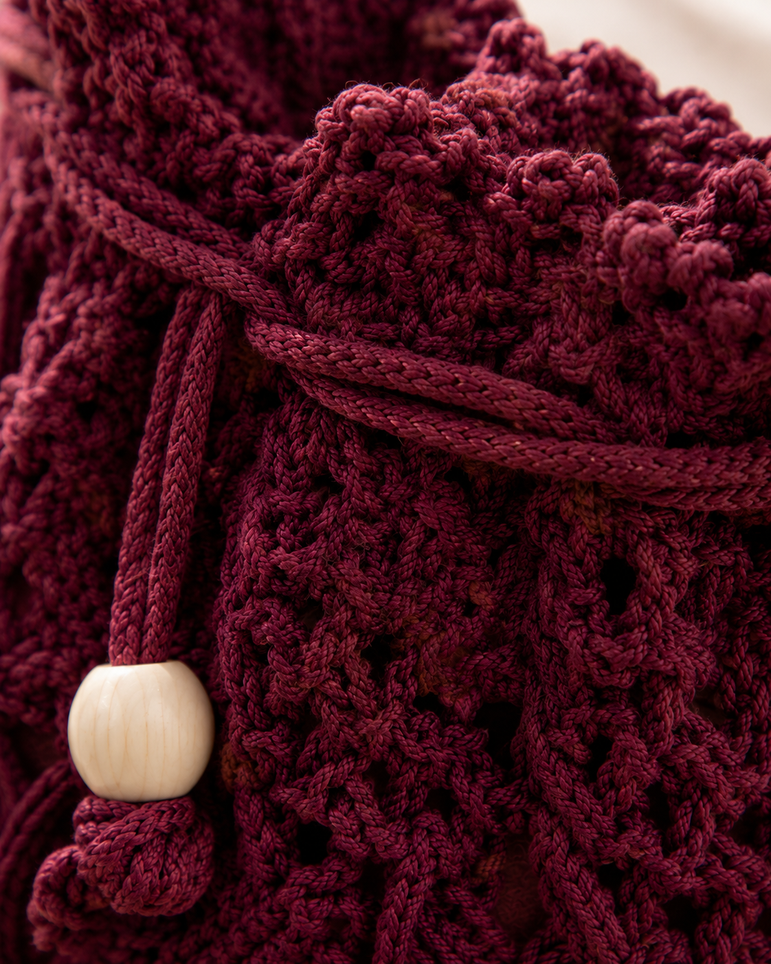 Burgundy Macrame Bucket Bag with Scallop Top & Wooden Beads