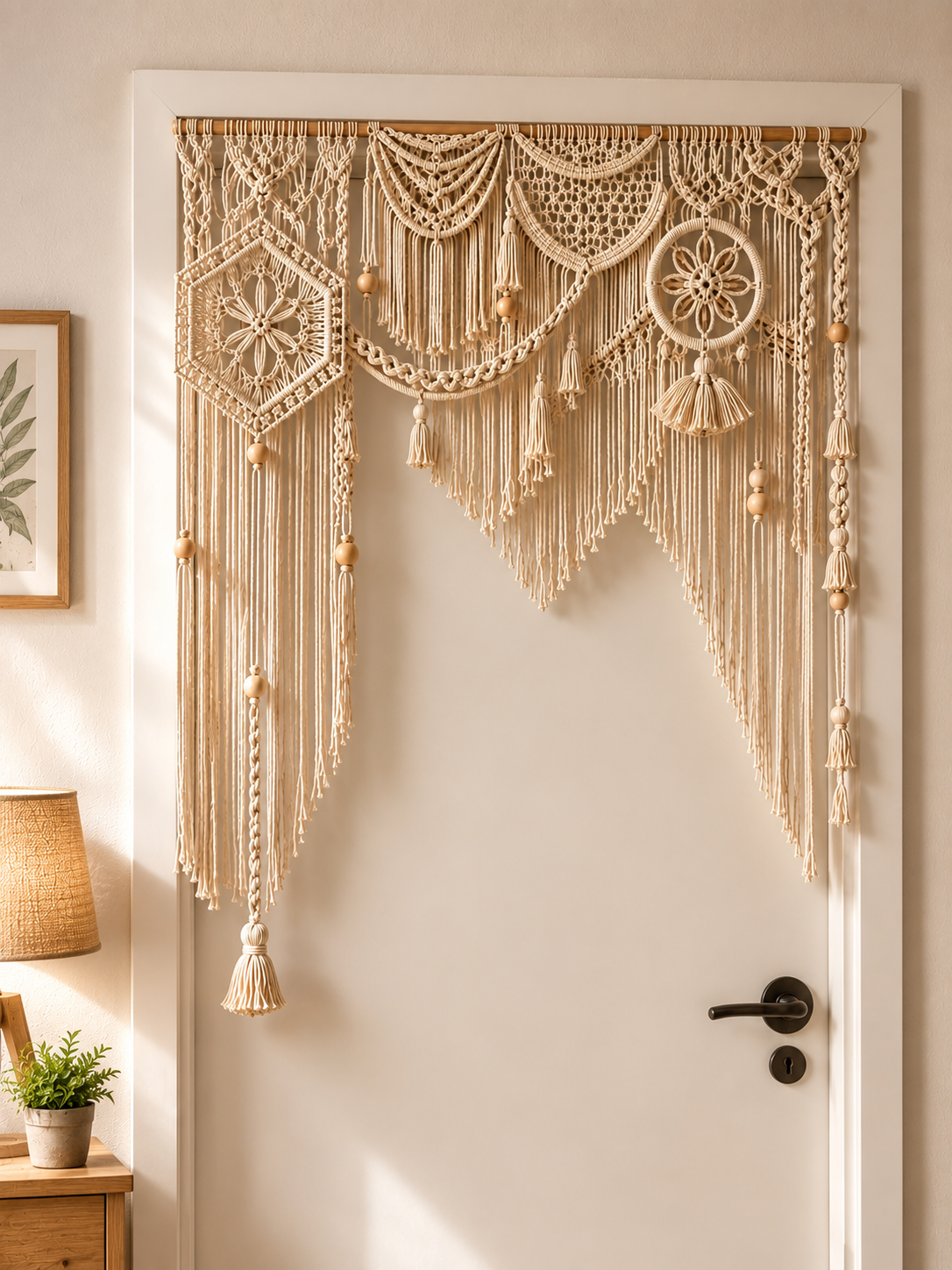 Natural Macrame Door Topper with Lace Medallions & Bead Fringe