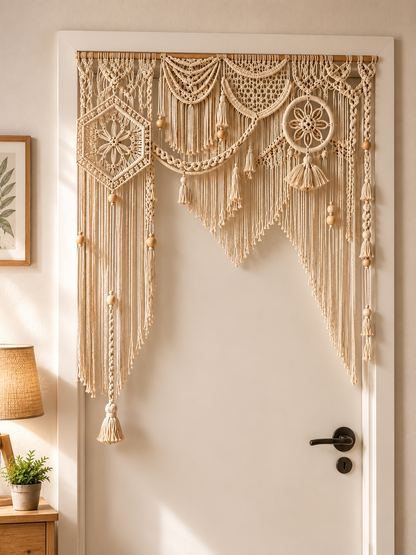 Natural Macrame Door Topper with Lace Medallions & Bead Fringe