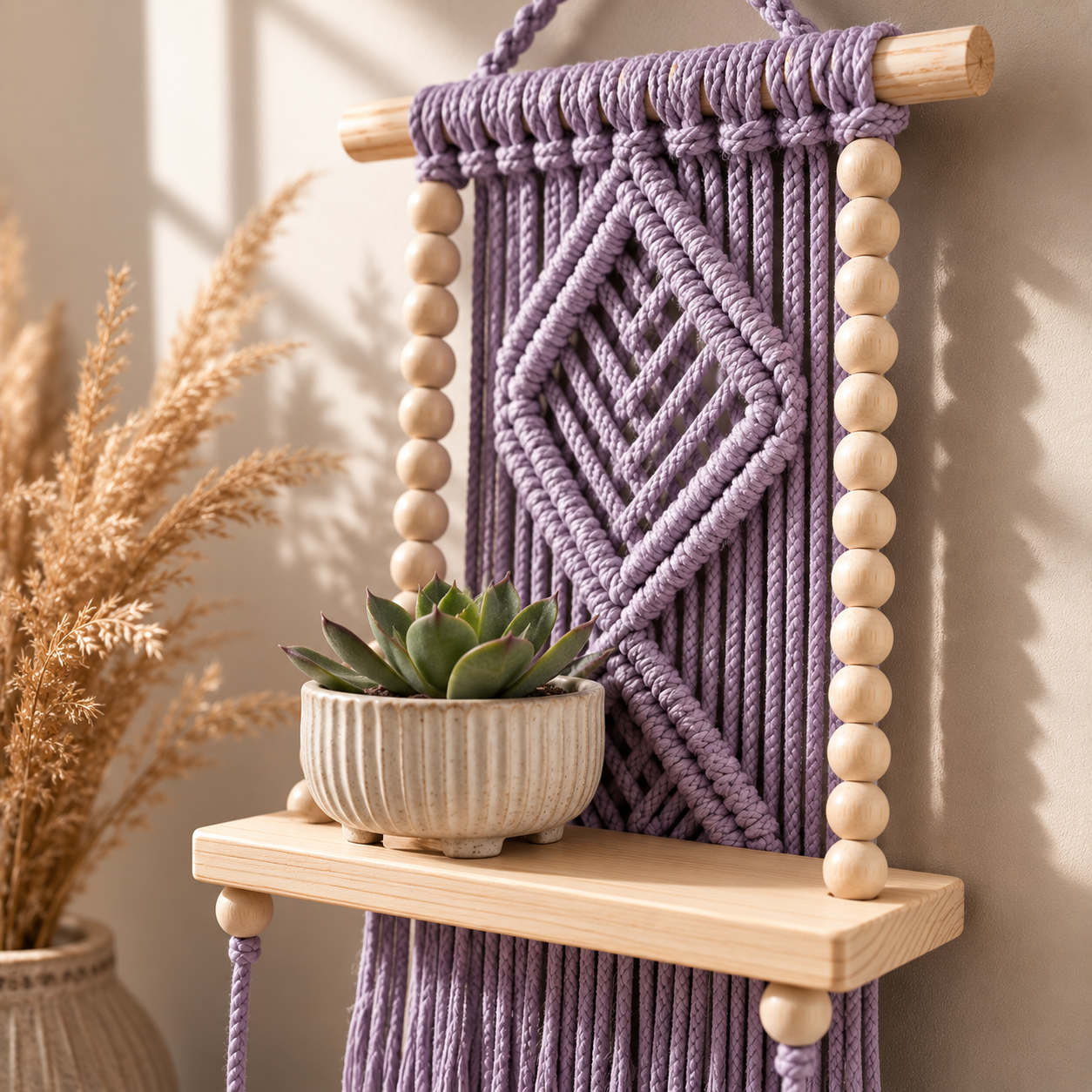 Lavender Macrame Diamond Wall Hanging with Wooden Shelf & Beads