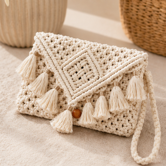 Natural Ivory Macrame Clutch Bag with Gold-Capped Tassel Fringe