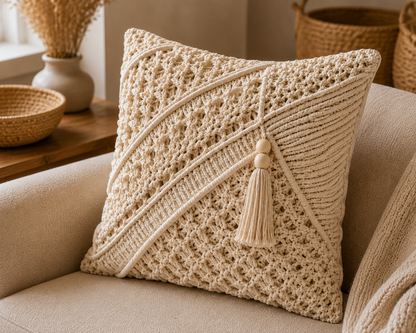 Ivory Macrame Diagonal Weave Cushion Cover with Bead & Tassel