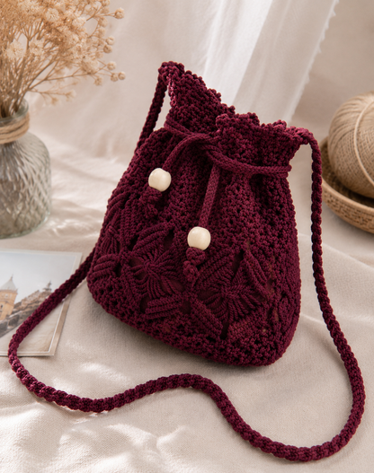 Burgundy Macrame Bucket Bag with Scallop Top & Wooden Beads