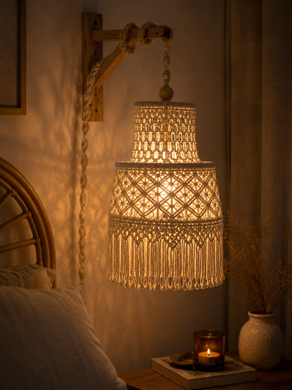 Natural Ivory Macrame Pendant Lamp Shade with Diamond Knotwork & Fringe
