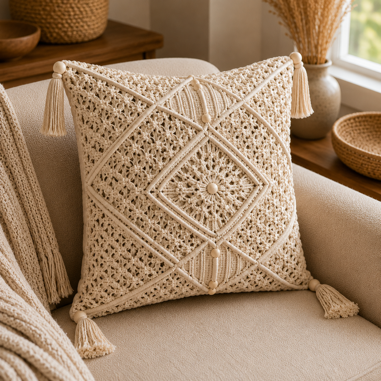 Natural Macrame Diamond Cushion Cover with Corner Tassels & Beads