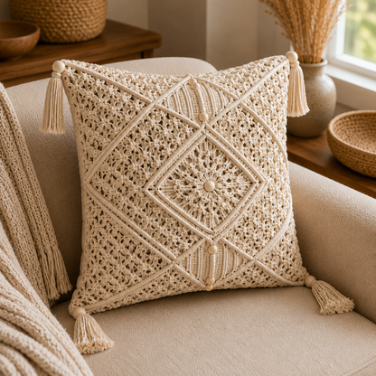 Natural Macrame Diamond Cushion Cover with Corner Tassels & Beads