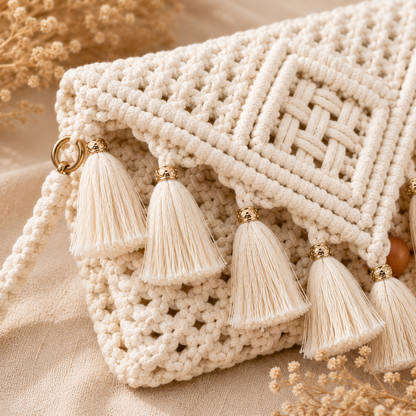 Natural Ivory Macrame Clutch Bag with Gold-Capped Tassel Fringe