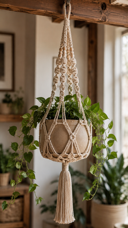 Natural Beige Macrame Plant Hanger with Wooden Beads & Tassel