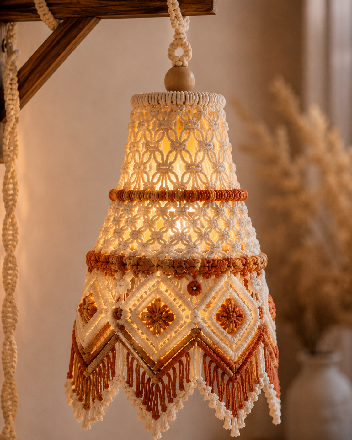 Ivory & Rust Macrame Pendant Lamp