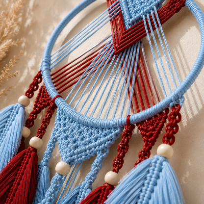 Sky Blue & Red Macrame Dreamcatcher Wall Hanging with Feather Drops