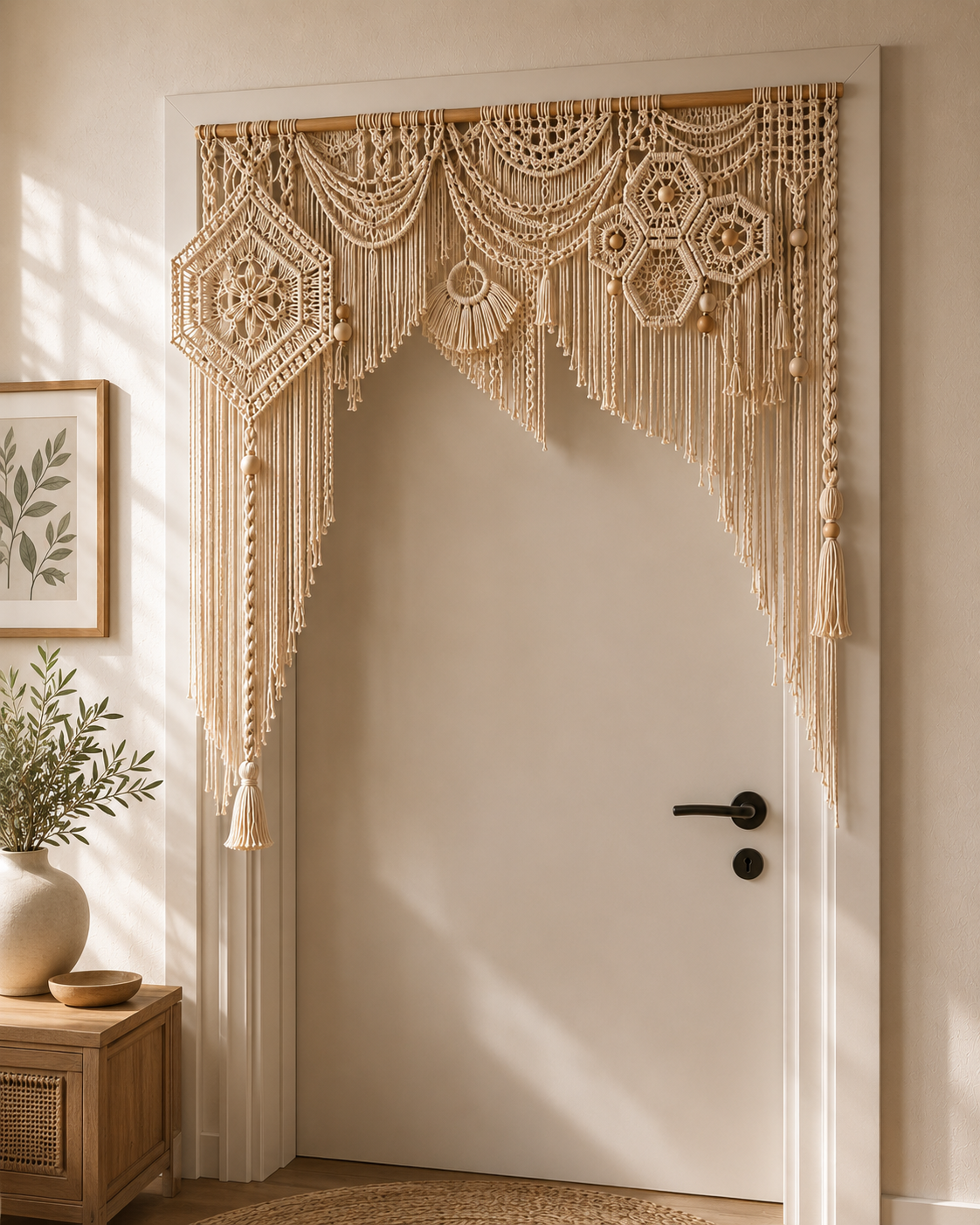 Natural Macrame Door Arch Valance with Geometric Medallions & Fringe