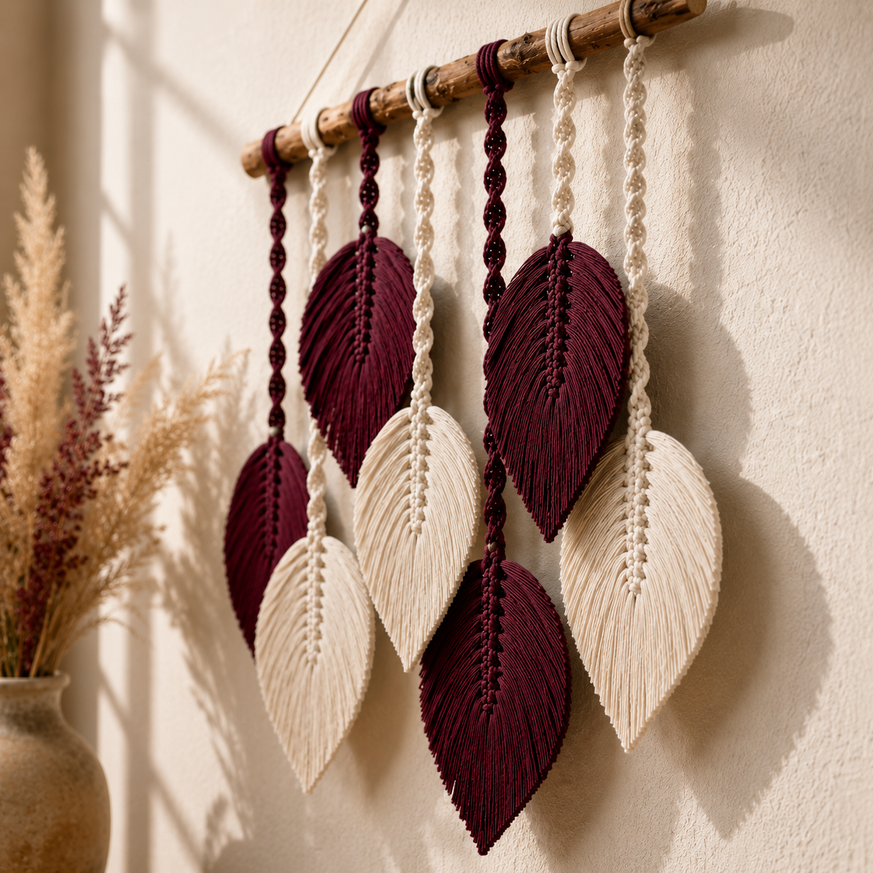 Burgundy & Ivory Macrame Feather Leaf Wall Hanging