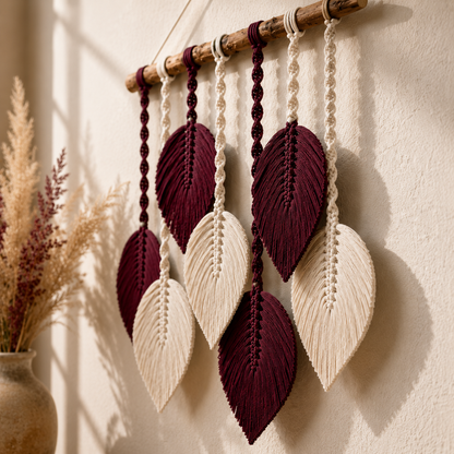 Burgundy & Ivory Macrame Feather Leaf Wall Hanging