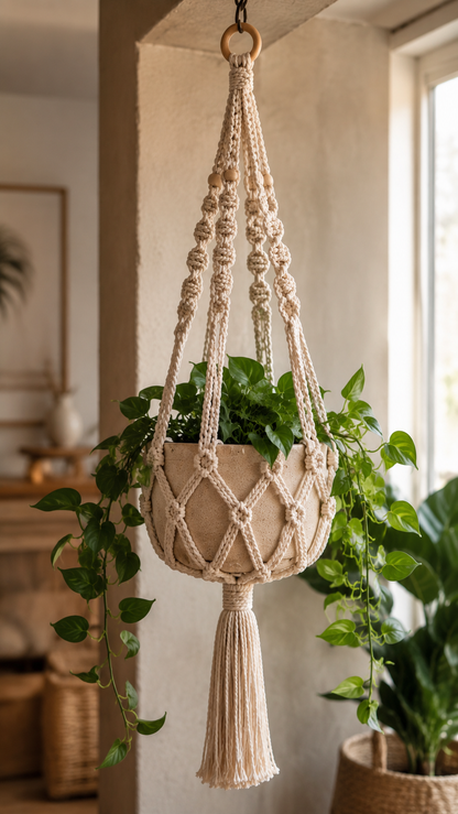 Natural Beige Macrame Plant Hanger with Wooden Beads & Tassel