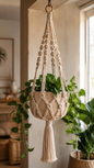 Natural Beige Macrame Plant Hanger with Wooden Beads & Tassel