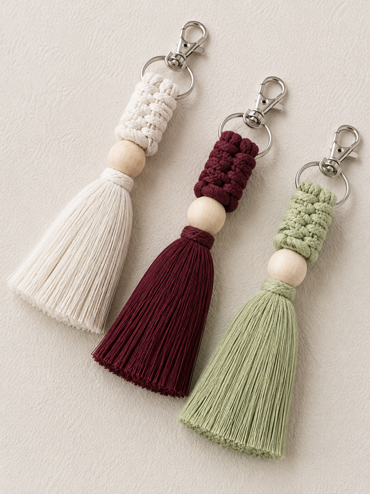 Macrame Tassel Keychain - Ivory, Burgundy & Sage Green (Set of 3)