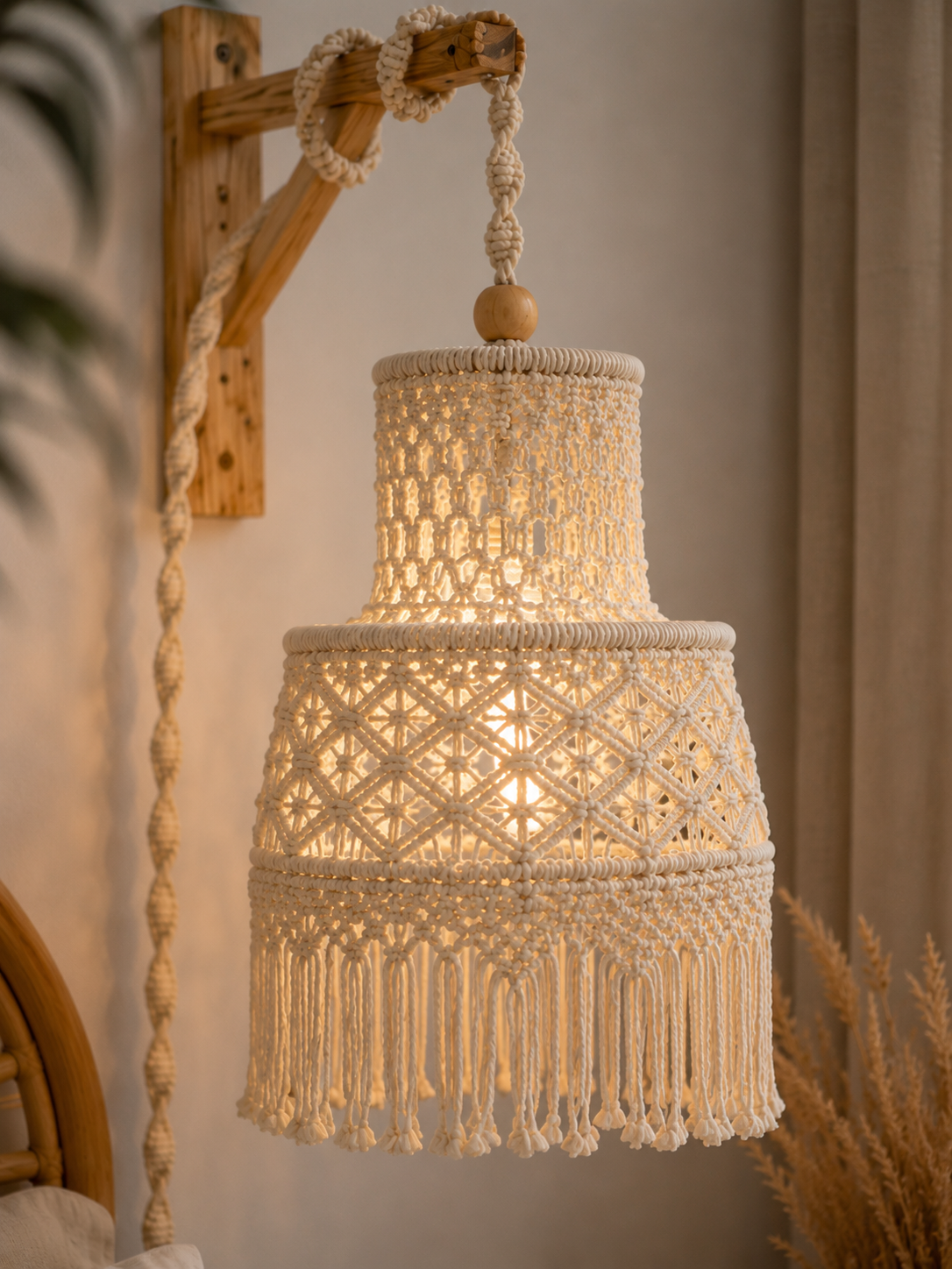 Natural Ivory Macrame Pendant Lamp Shade with Diamond Knotwork & Fringe