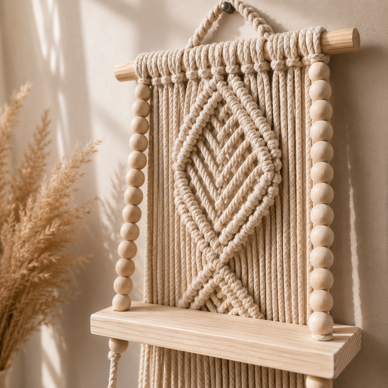 Natural Beige Macrame Diamond Wall Hanging with Wooden Shelf
