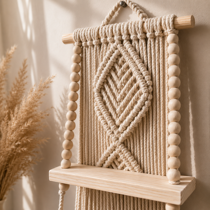 Natural Beige Macrame Diamond Wall Hanging with Wooden Shelf