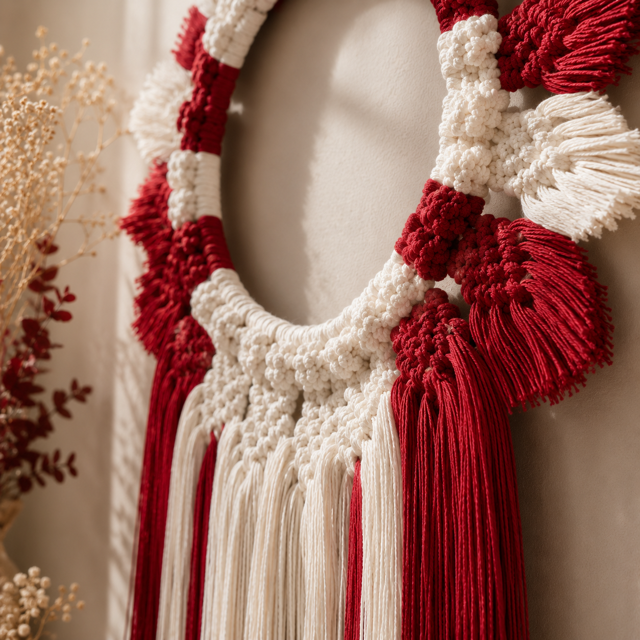 Crimson & Ivory Macrame Wreath Wall Hanging