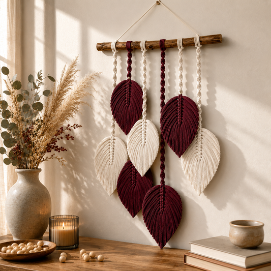 Burgundy & Ivory Macrame Feather Leaf Wall Hanging