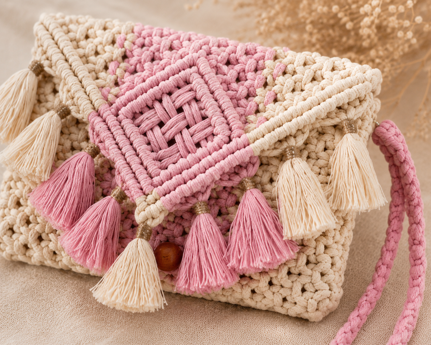 Blush Pink & Ivory Macrame Clutch