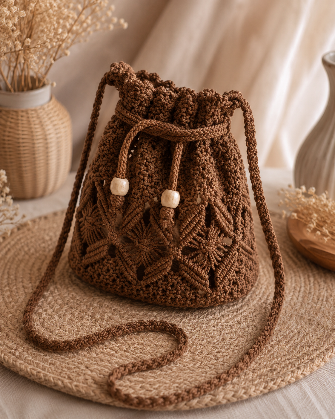 Chocolate Brown Macrame Bucket Bag with Drawstring & Wooden Beads