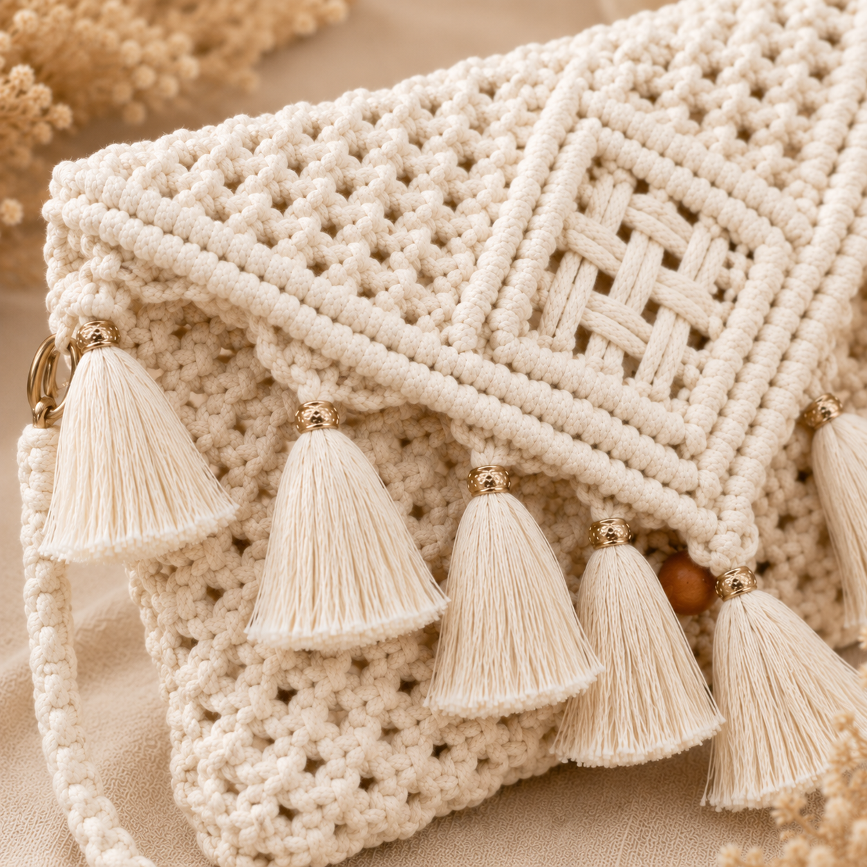 Natural Ivory Macrame Clutch Bag with Gold-Capped Tassel Fringe