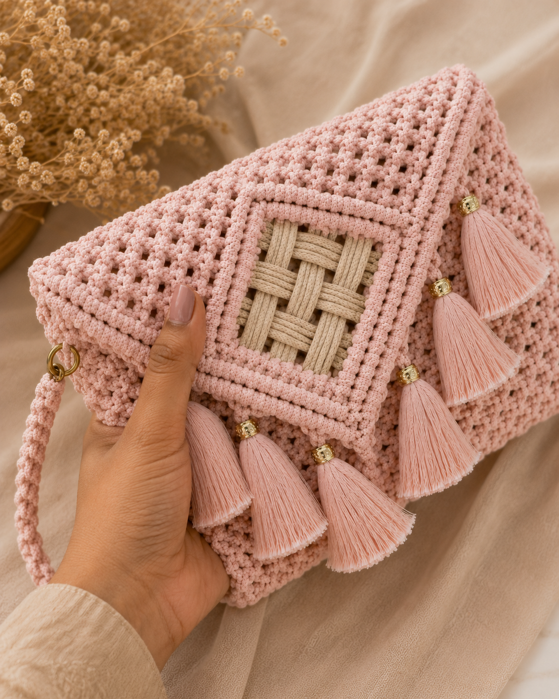 The Rosé Gold Clutch - Handcrafted Macrame Bag