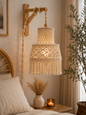 Natural Ivory Macrame Pendant Lamp Shade with Diamond Knotwork & Fringe