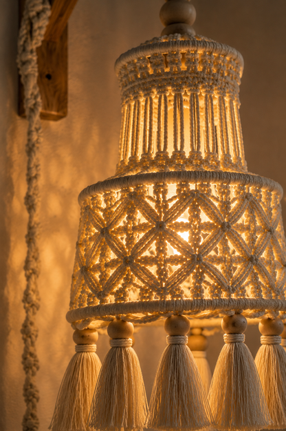 Natural Ivory Macrame Pendant Lamp Shade with Tassel Hem & Wooden Beads