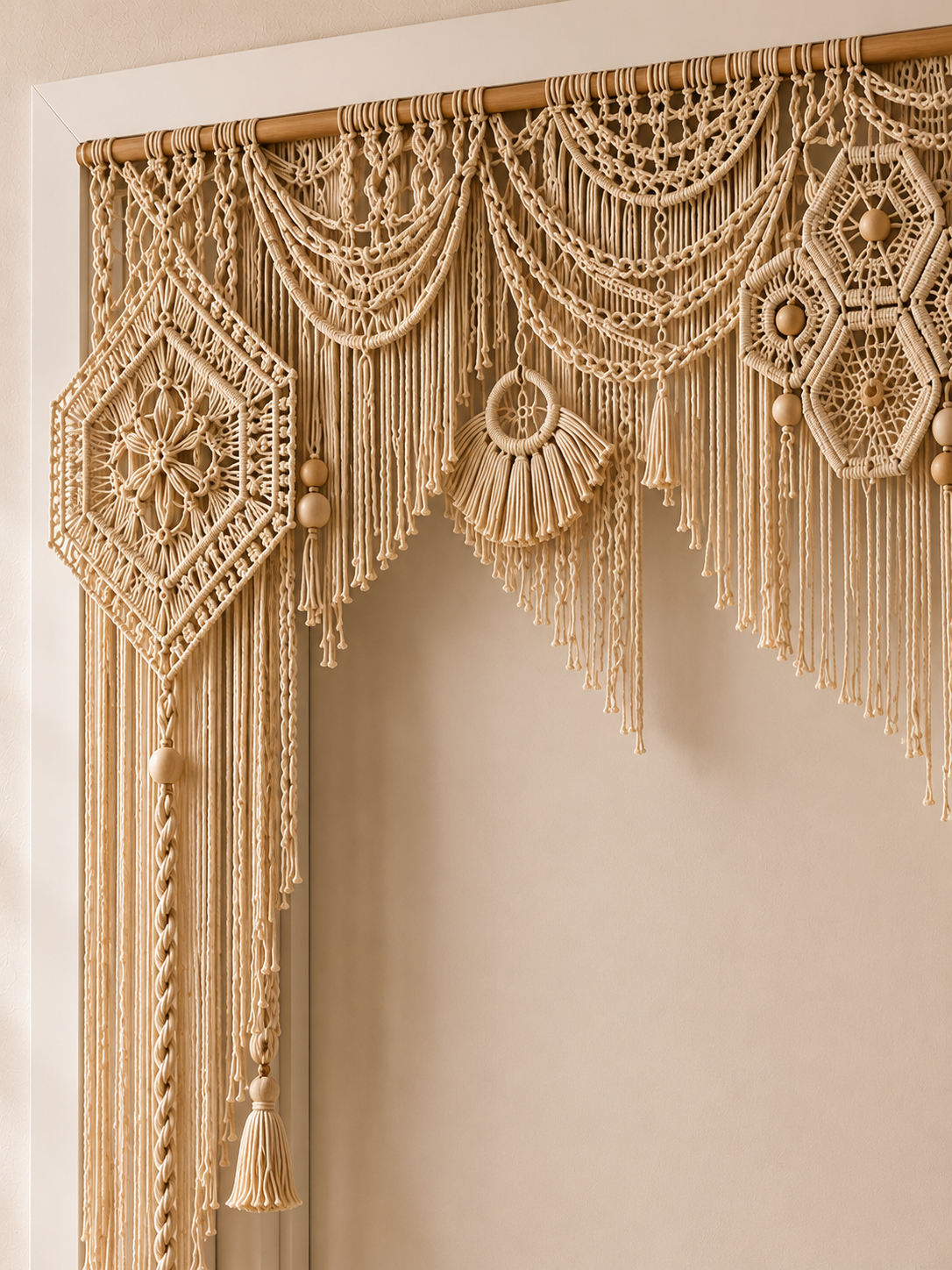 Natural Macrame Door Arch Valance with Geometric Medallions & Fringe
