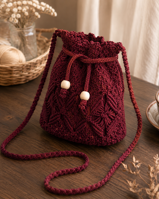 Burgundy Macrame Bucket Bag with Scallop Top & Wooden Beads