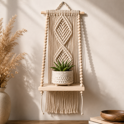 Natural Beige Macrame Diamond Wall Hanging with Wooden Shelf