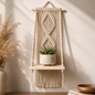 Natural Beige Macrame Diamond Wall Hanging with Wooden Shelf