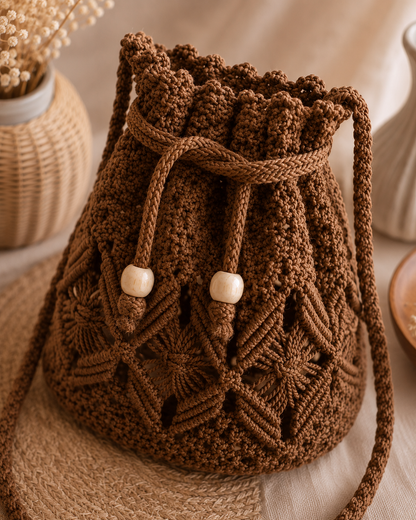 Chocolate Brown Macrame Bucket Bag with Drawstring & Wooden Beads