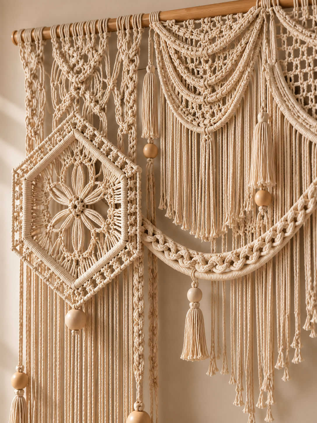 Natural Macrame Door Topper with Lace Medallions & Bead Fringe