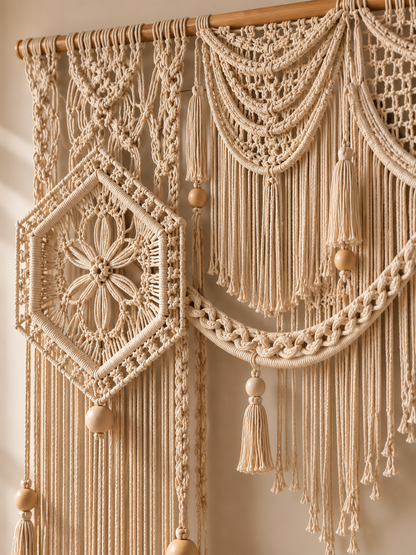 Natural Macrame Door Topper with Lace Medallions & Bead Fringe