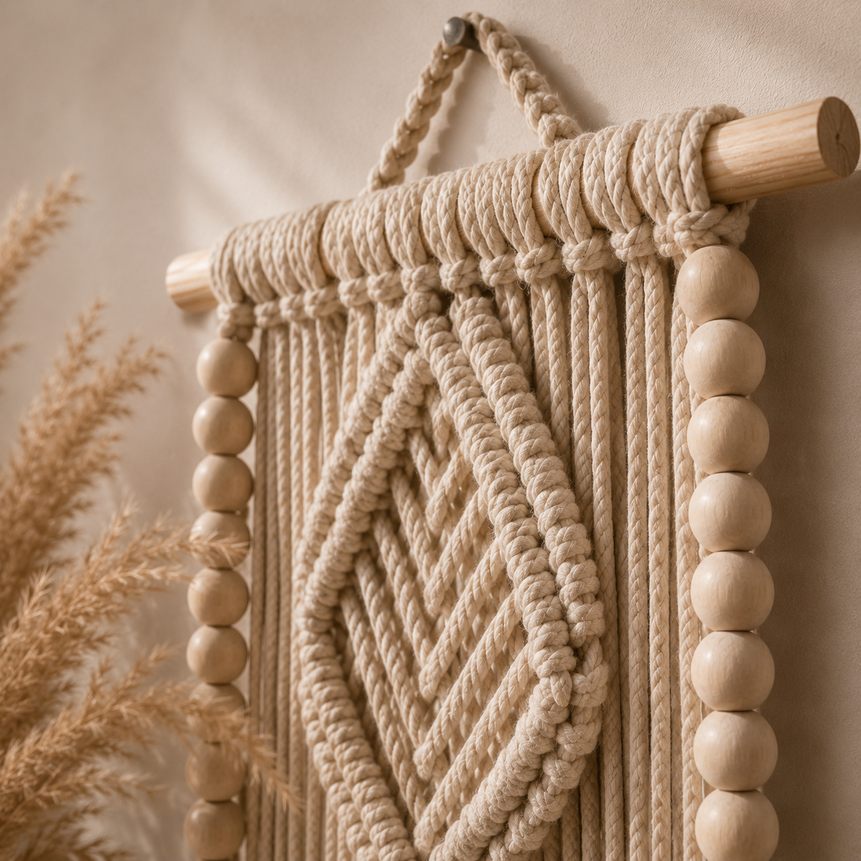 Natural Beige Macrame Diamond Wall Hanging with Wooden Shelf
