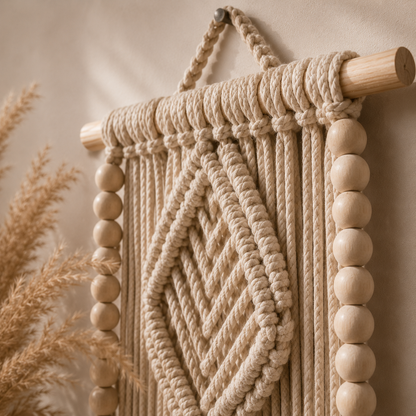 Natural Beige Macrame Diamond Wall Hanging with Wooden Shelf