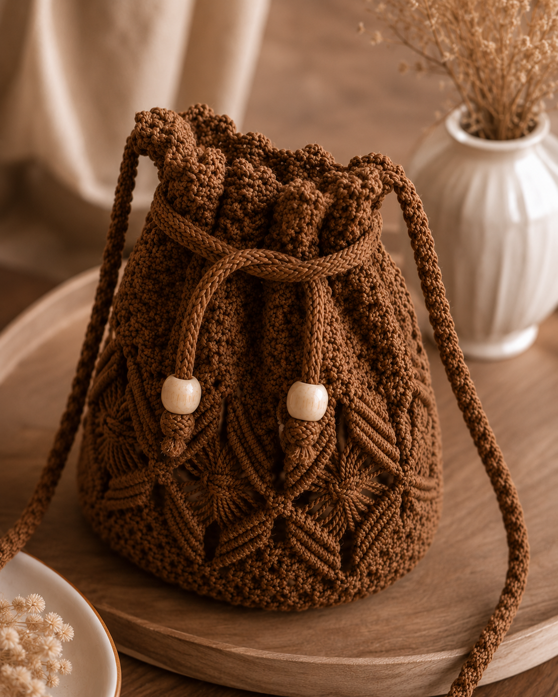 Chocolate Brown Macrame Bucket Bag with Drawstring & Wooden Beads