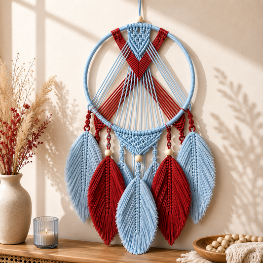 Sky Blue & Red Macrame Dreamcatcher Wall Hanging with Feather Drops