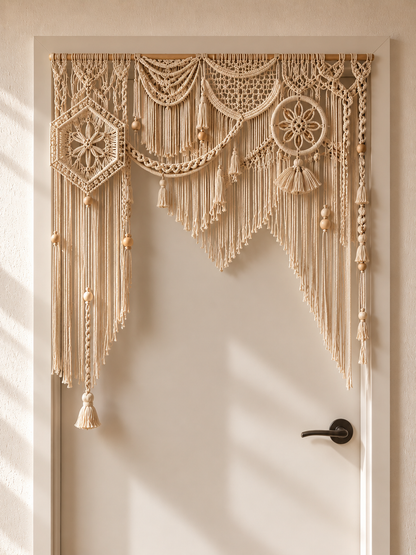 Natural Macrame Door Topper with Lace Medallions & Bead Fringe