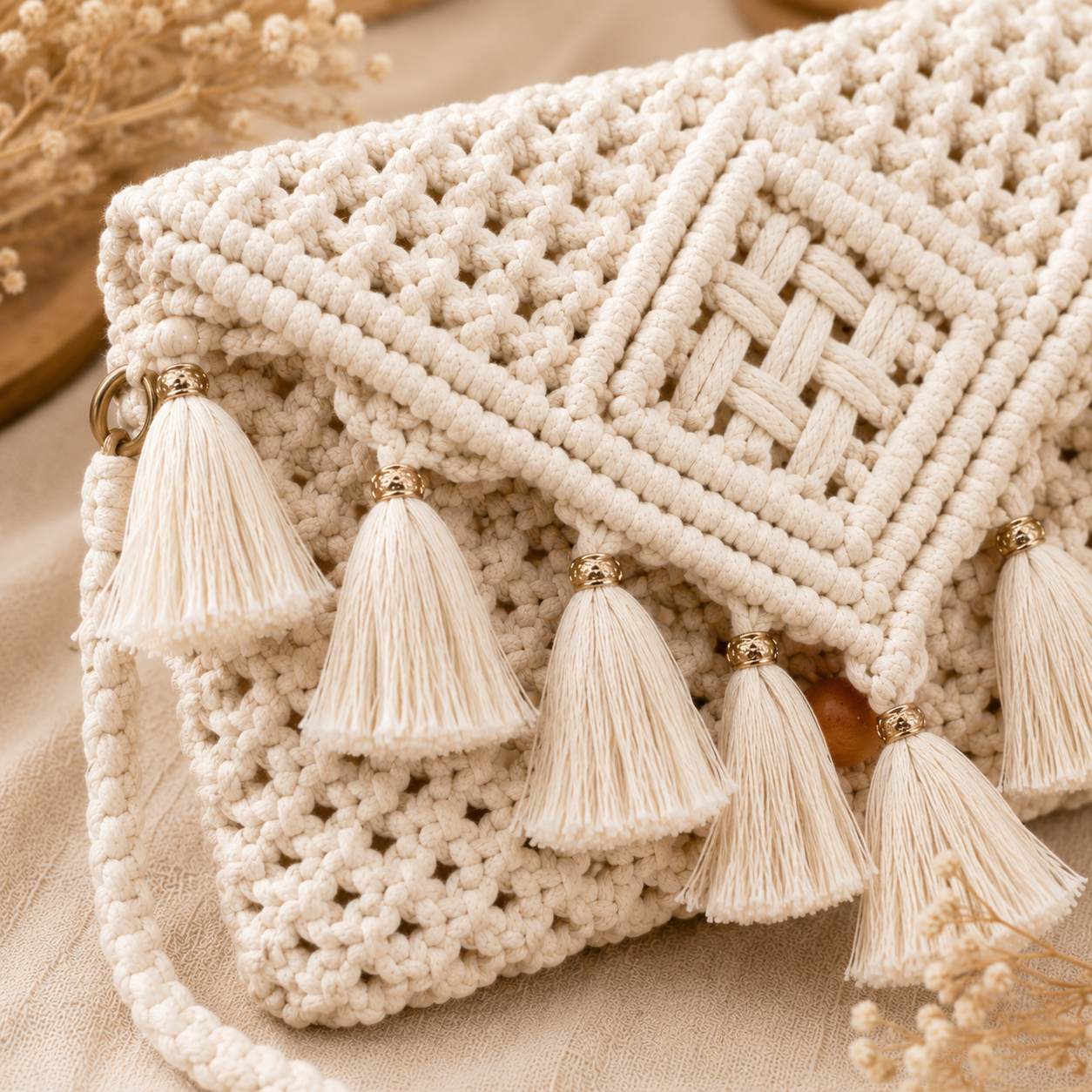 Natural Ivory Macrame Clutch Bag with Gold-Capped Tassel Fringe