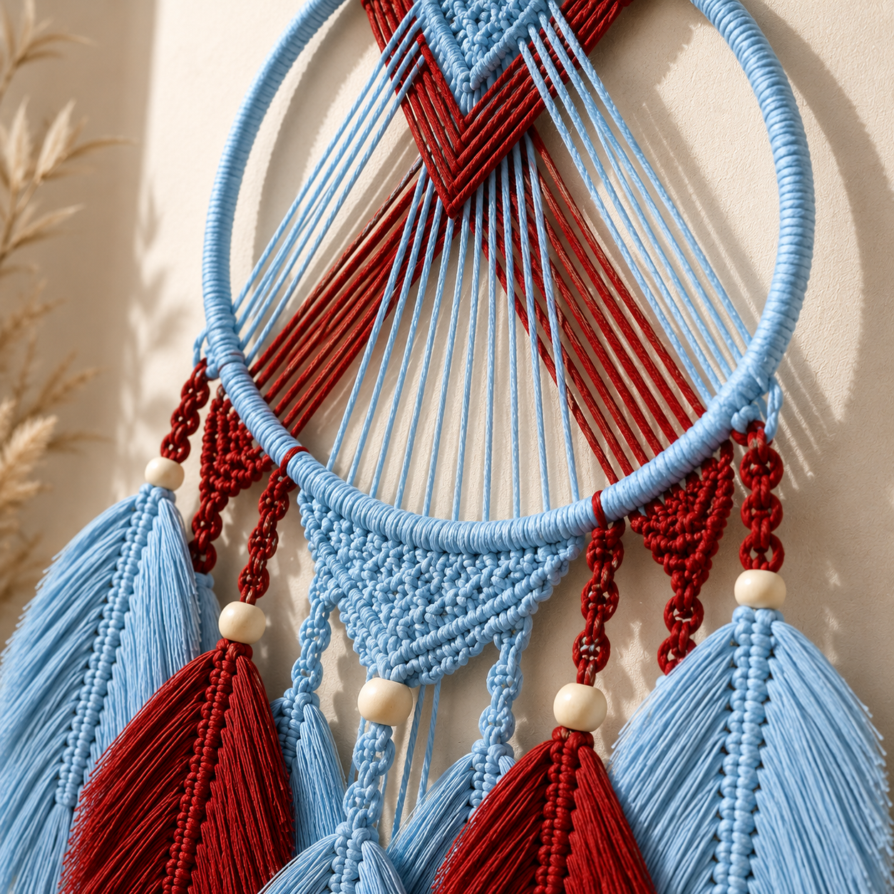 Sky Blue & Red Macrame Dreamcatcher Wall Hanging with Feather Drops